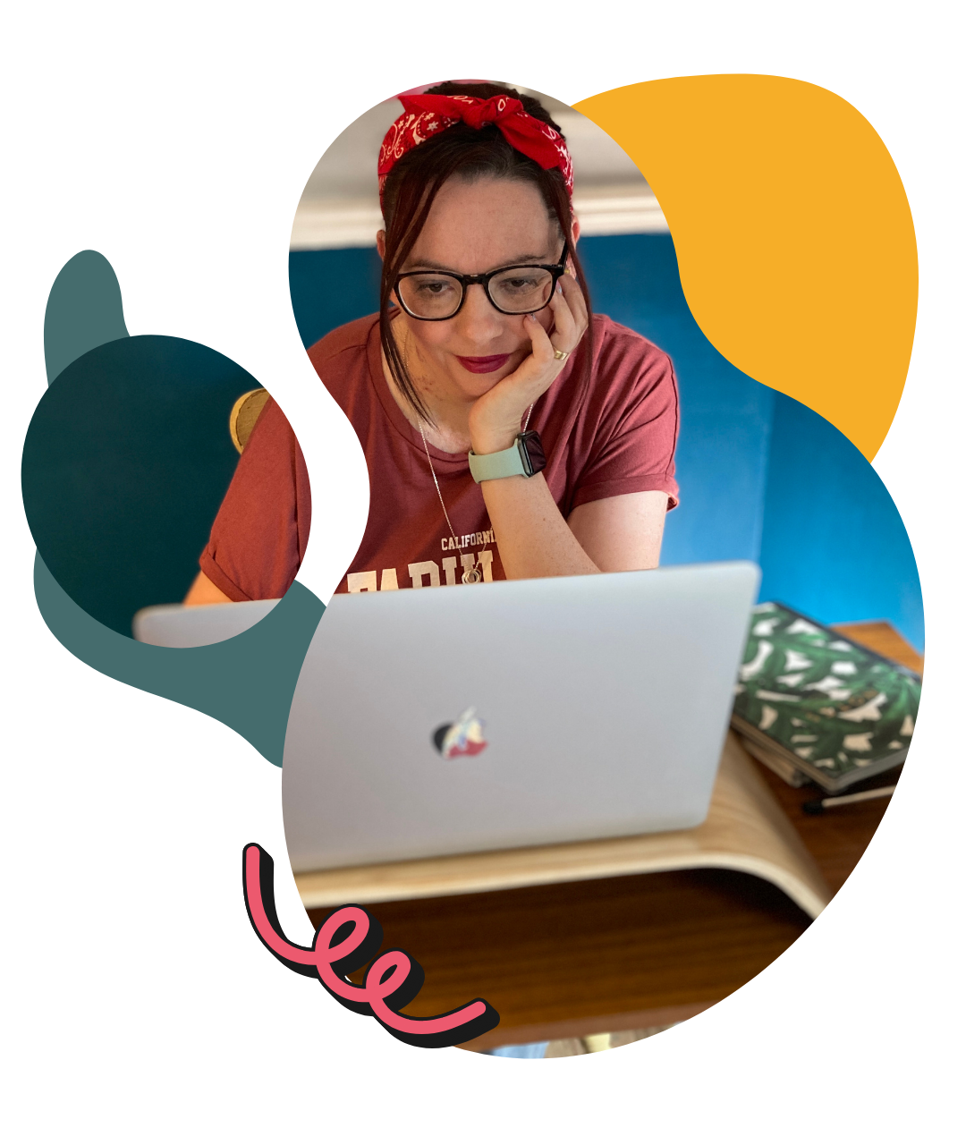 Common SEO Mistakes. Marion sits at her desk behind her laptop, hand on chin holding a mug